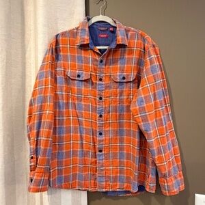 Izod Men's Orange & Blue Plaid Check Long Sleeve Button Down, Size Large